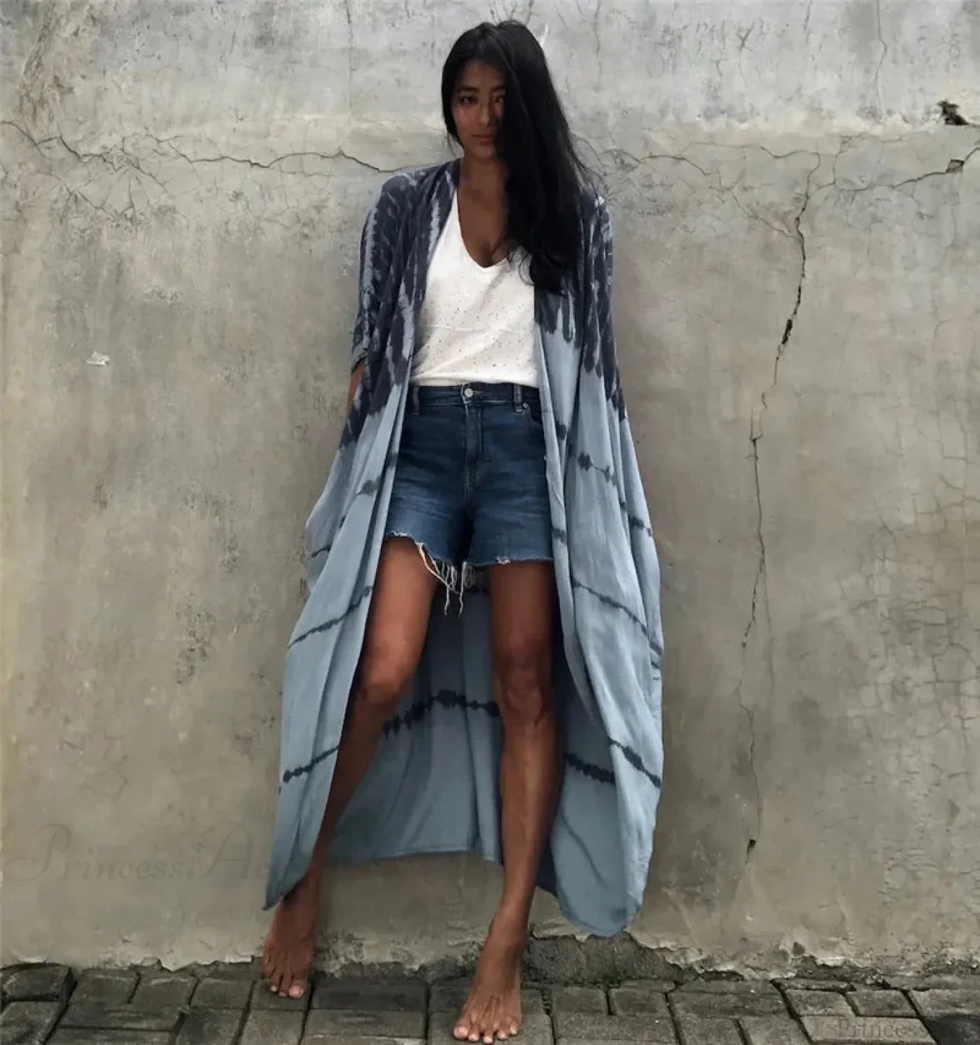 Cotton Rayon Striped Print Cardigan Boho Beach Cover up Grey / One Size bohocoverup-250126