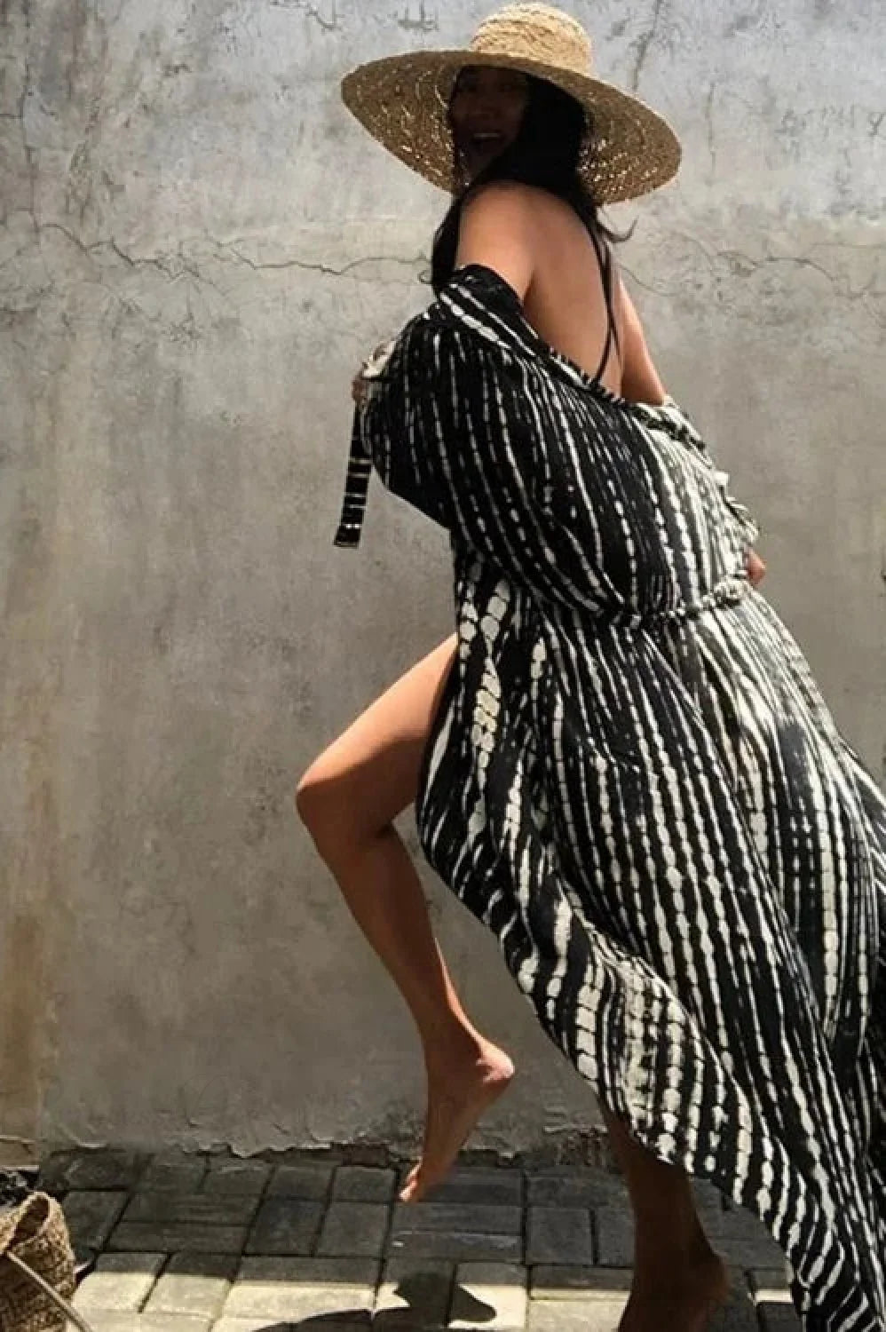 Cotton Rayon Tie-Dye Stripes Boho Kimono Cover up Black-White / One Size bohocoverup-250126