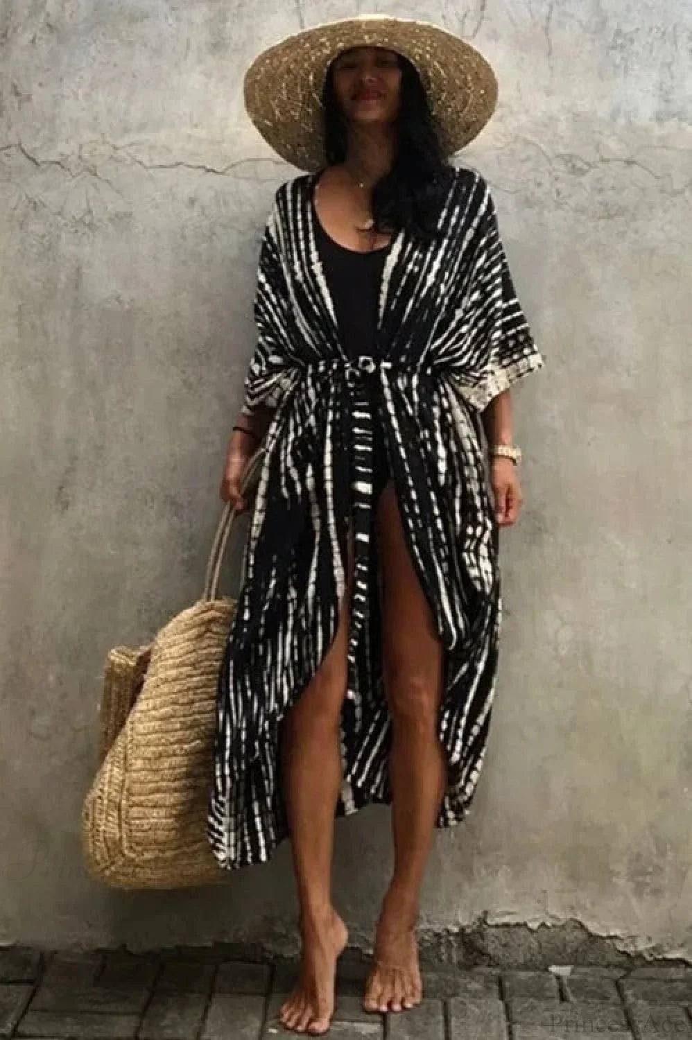 Cotton Rayon Tie-Dye Stripes Boho Kimono Cover up Black-White / One Size bohocoverup-250126