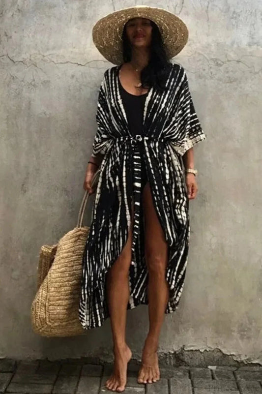 Cotton Rayon Tie-Dye Stripes Boho Kimono Cover up Black-White / One Size bohocoverup-250126