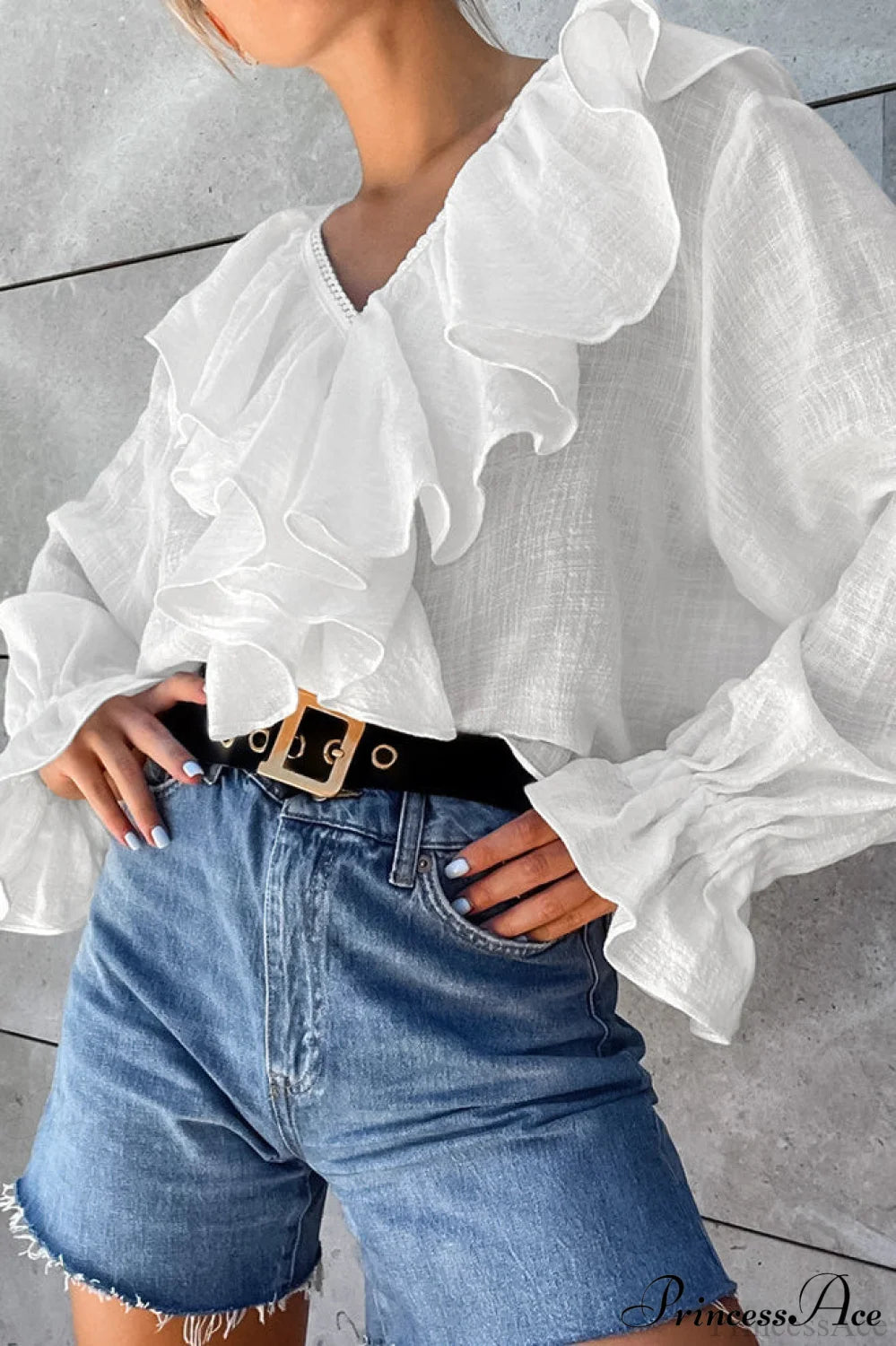 Cotton Ruffled V Neck Pullover Blouse