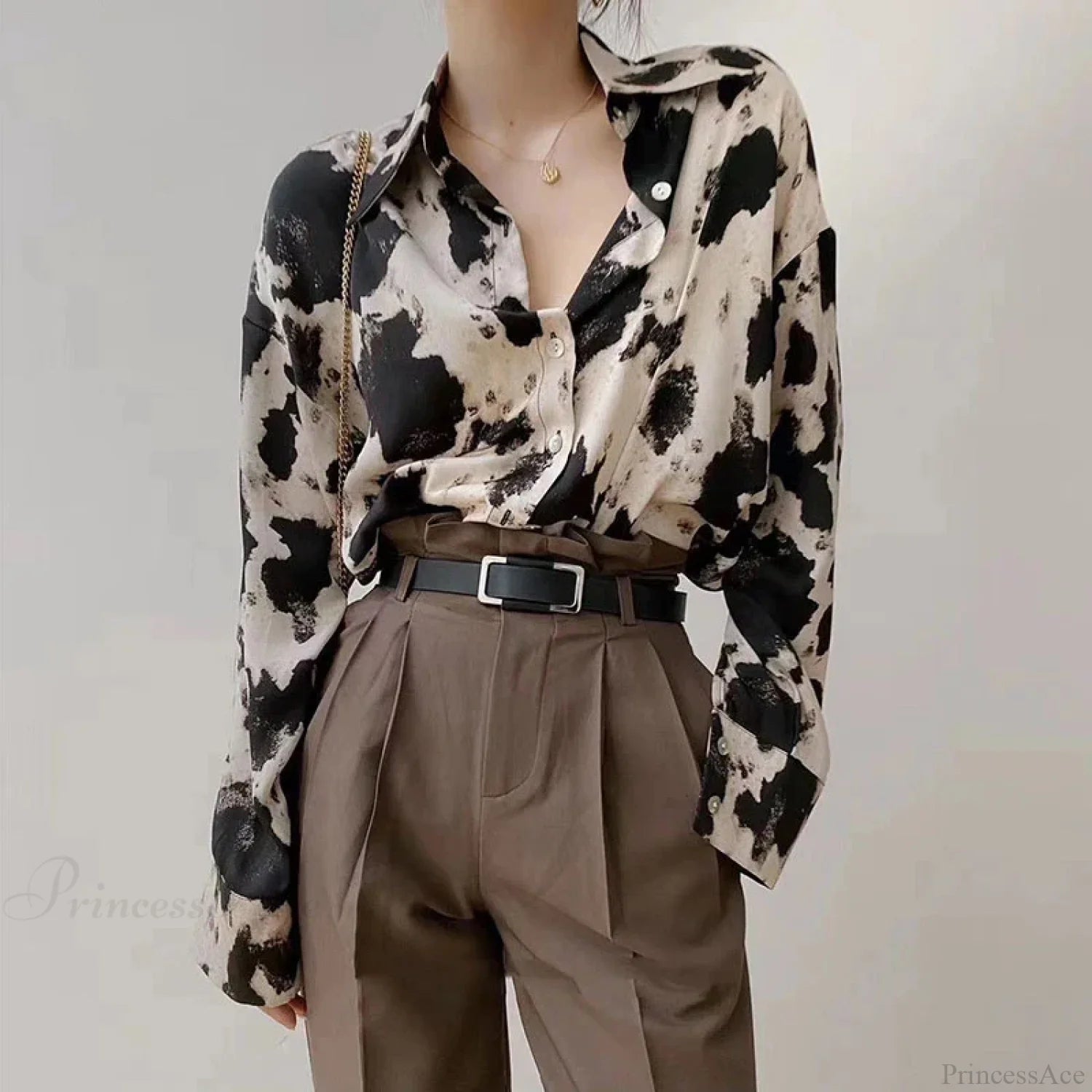 Cow Print Button Up Long Sleeve Blouse blouse-250223