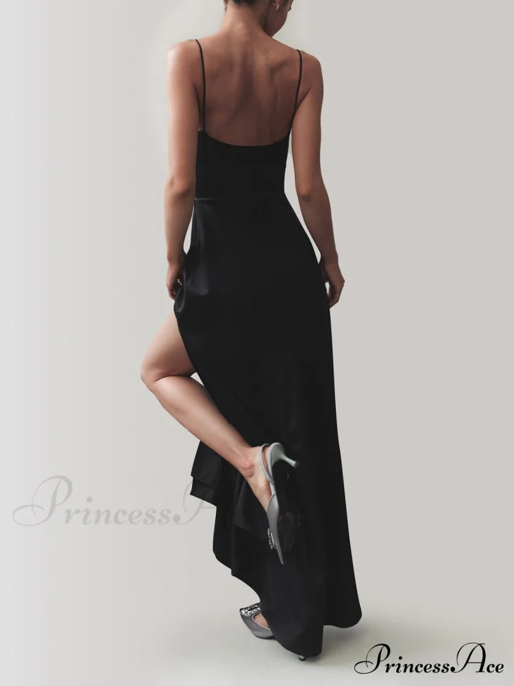 Cowl Neck Satin Trendy Slit Long Dress Dresses