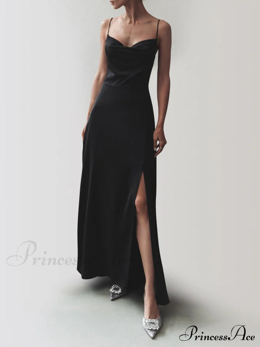 Cowl Neck Satin Trendy Slit Long Dress Dresses