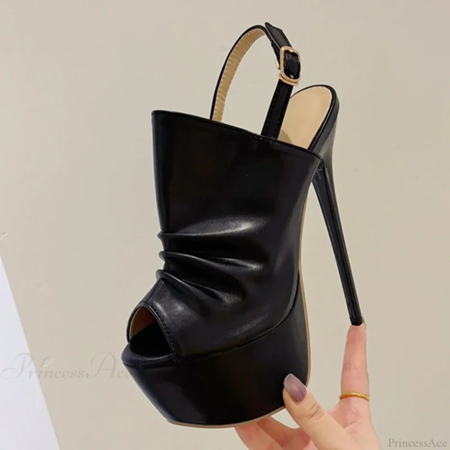 Cozy Pleated Leather Super-High Platform Nightclub Party Peep-Toe Black Sexy High Heel