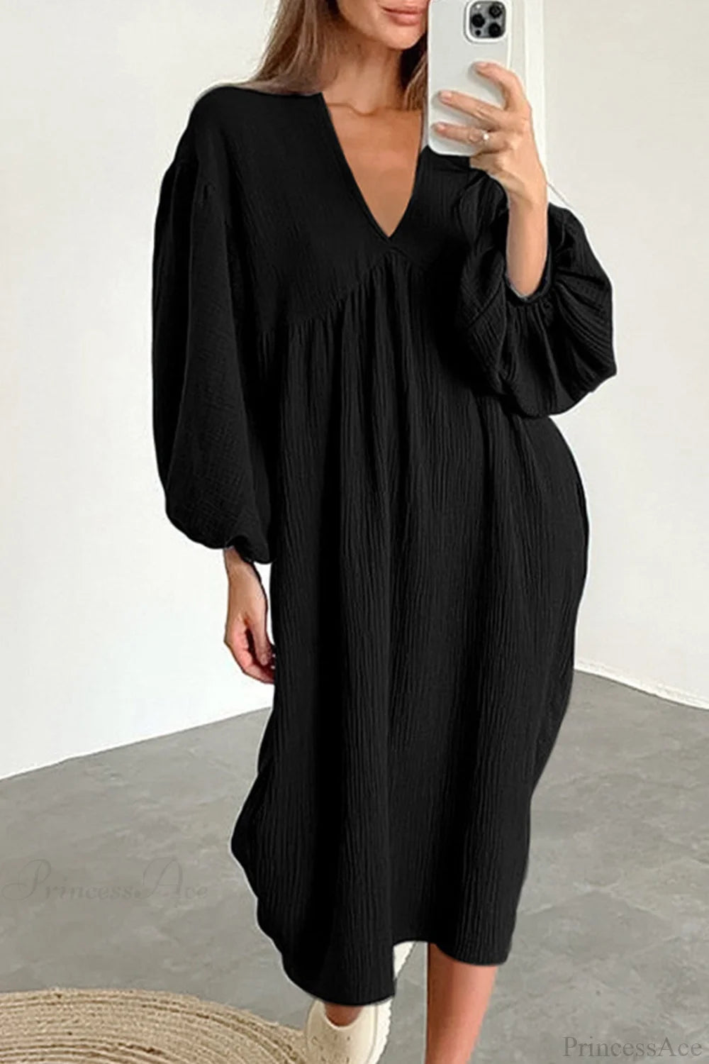 Crepe V Neck Puff Sleeve Loose Dress Black / S Midi Dresses