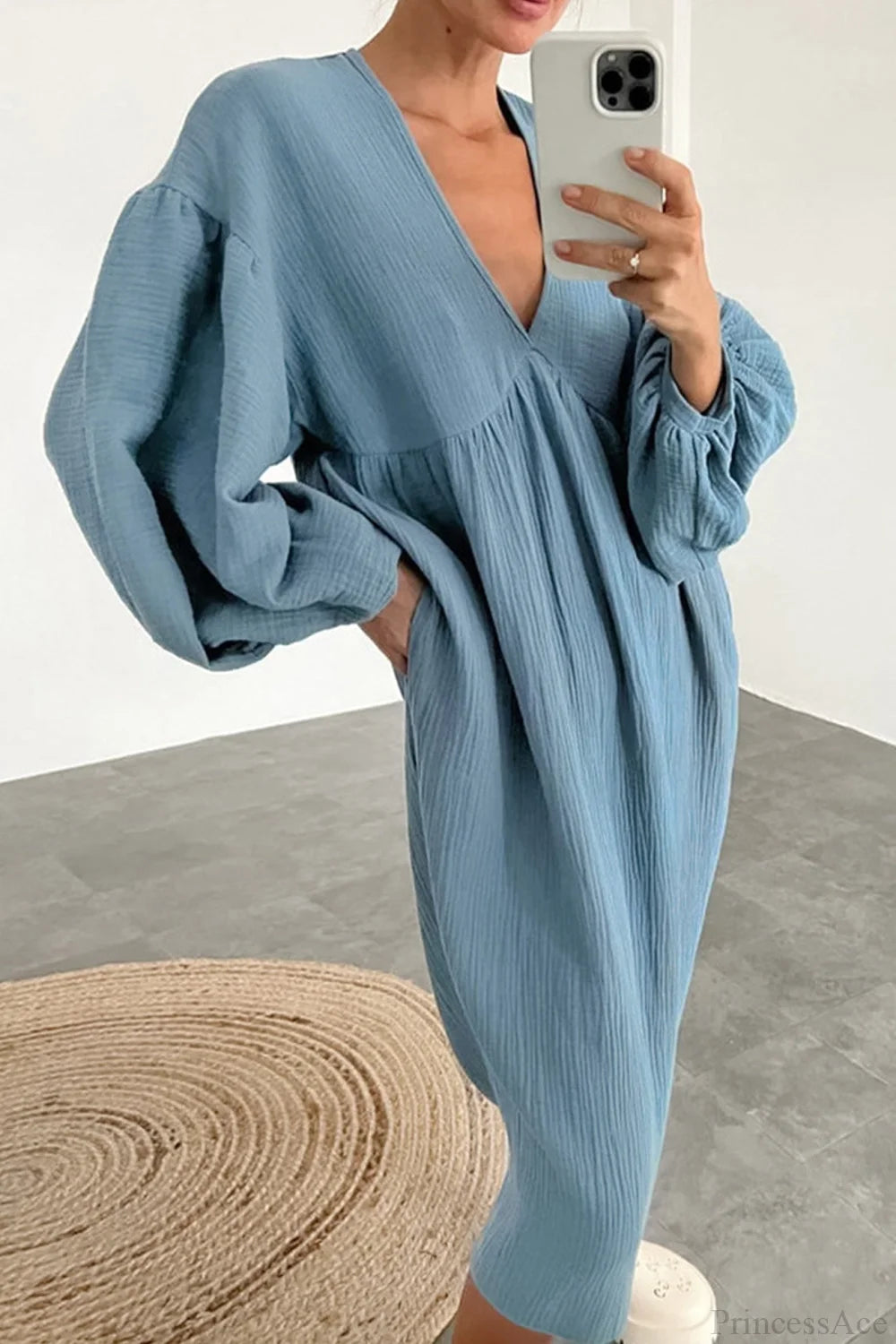 Crepe V Neck Puff Sleeve Loose Dress Blue / L Midi Dresses