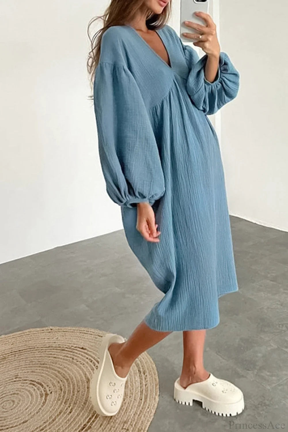 Crepe V Neck Puff Sleeve Loose Dress Blue / S Midi Dresses