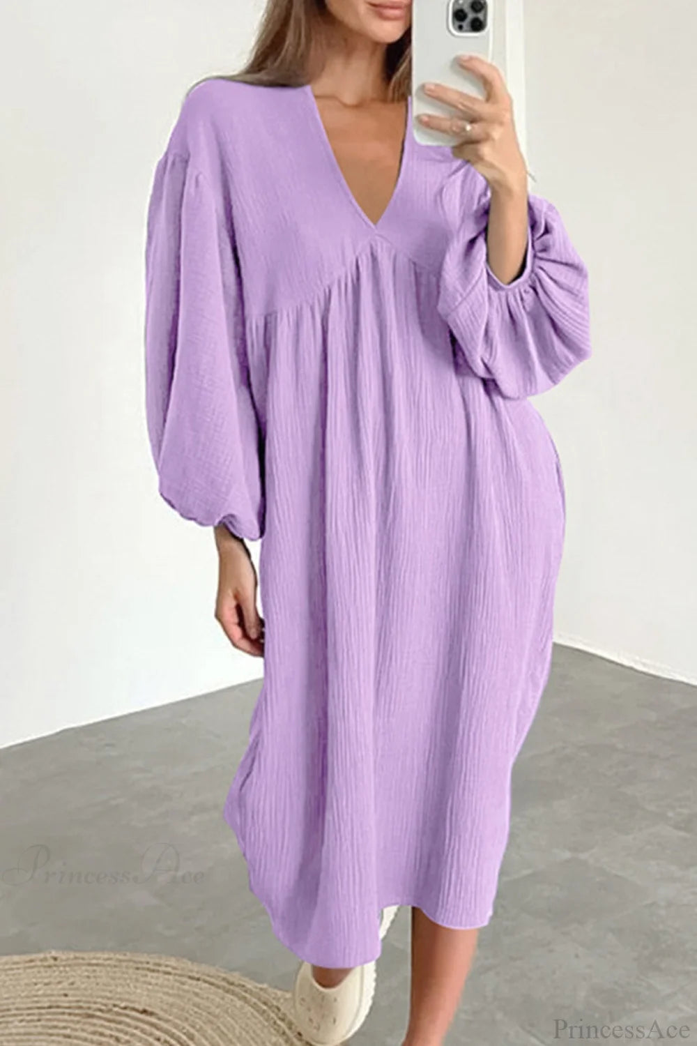 Crepe V Neck Puff Sleeve Loose Dress Purple / S Midi Dresses