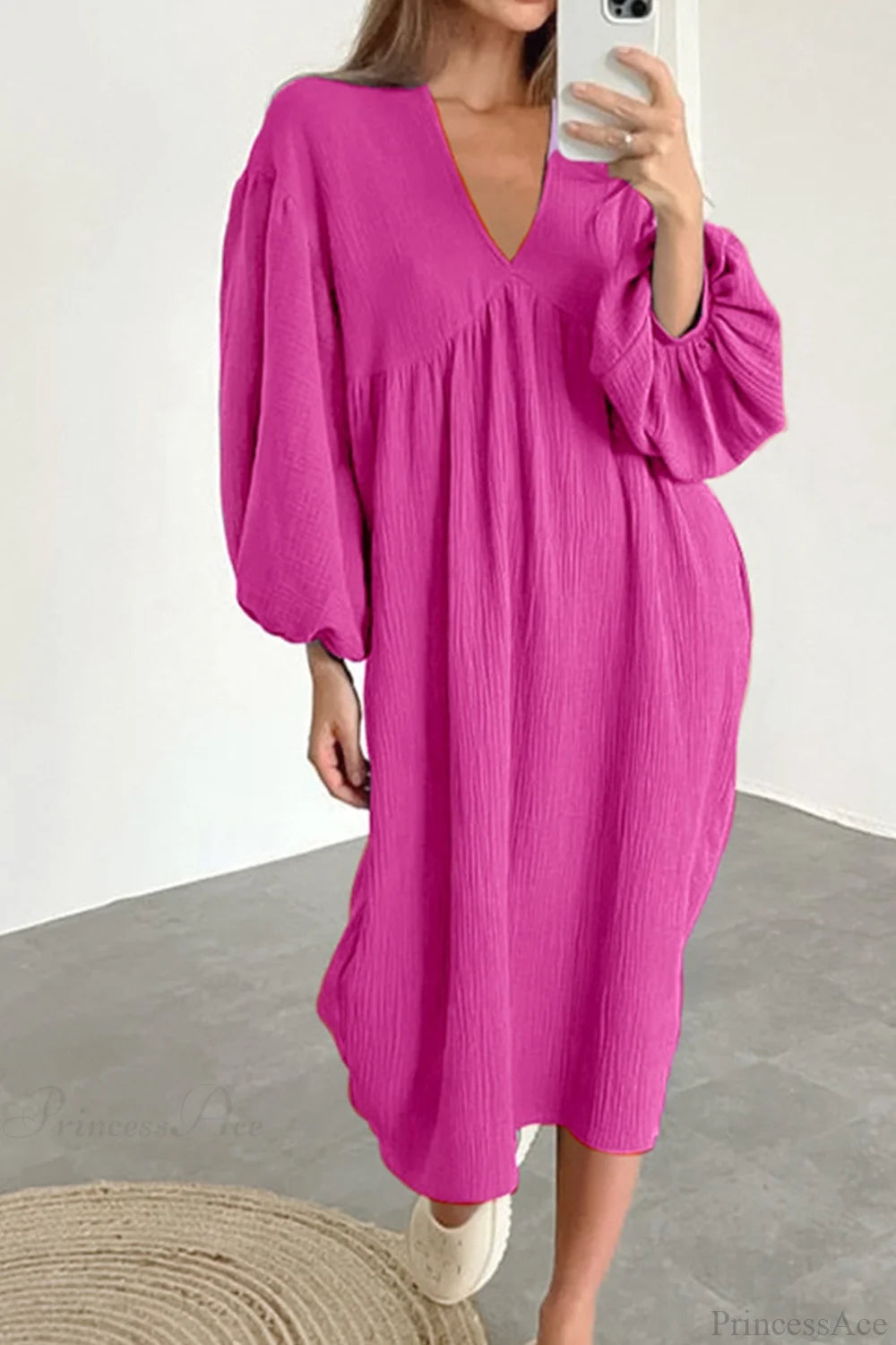 Crepe V Neck Puff Sleeve Loose Dress Rose / S Midi Dresses
