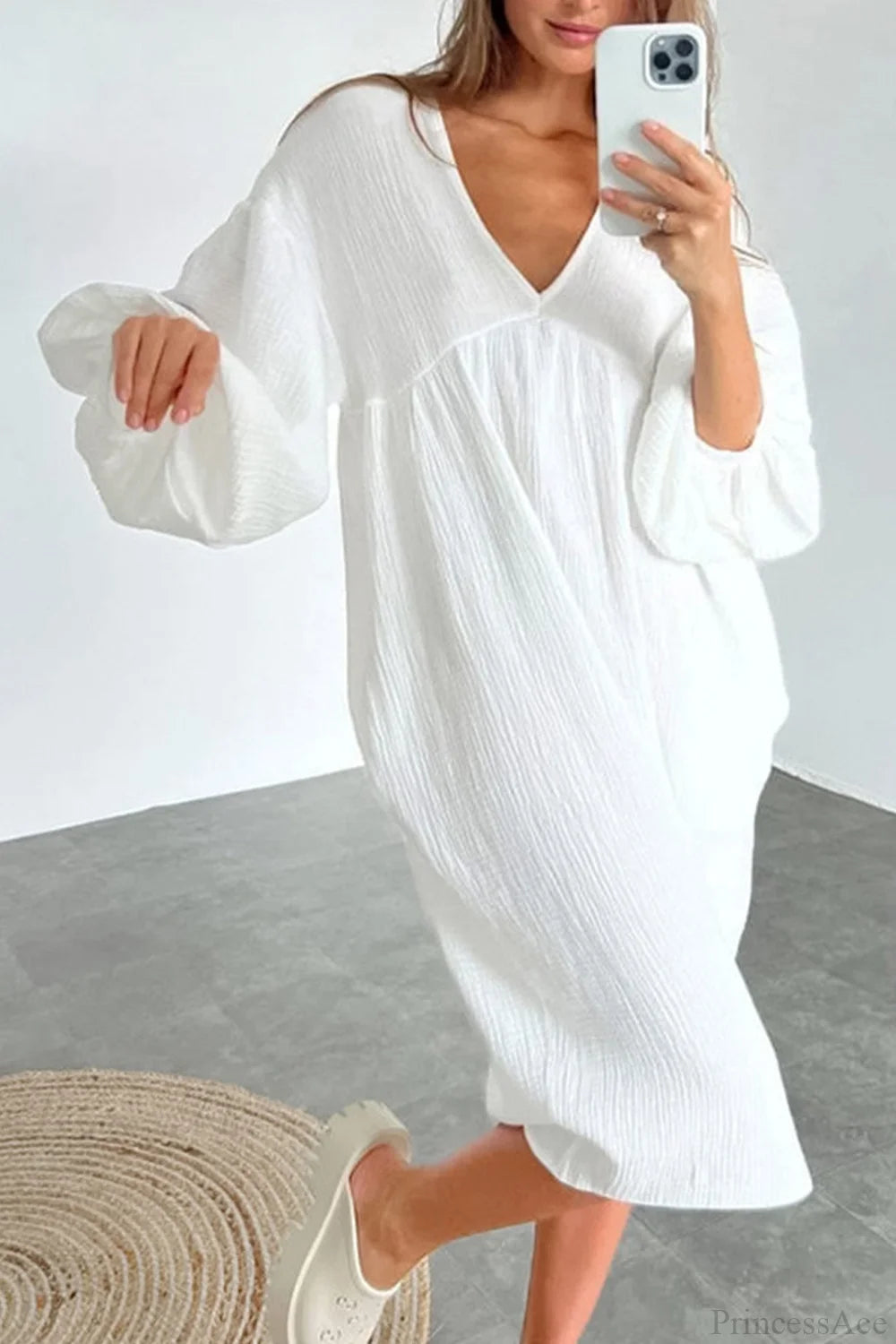 Crepe V Neck Puff Sleeve Loose Dress White / S Midi Dresses