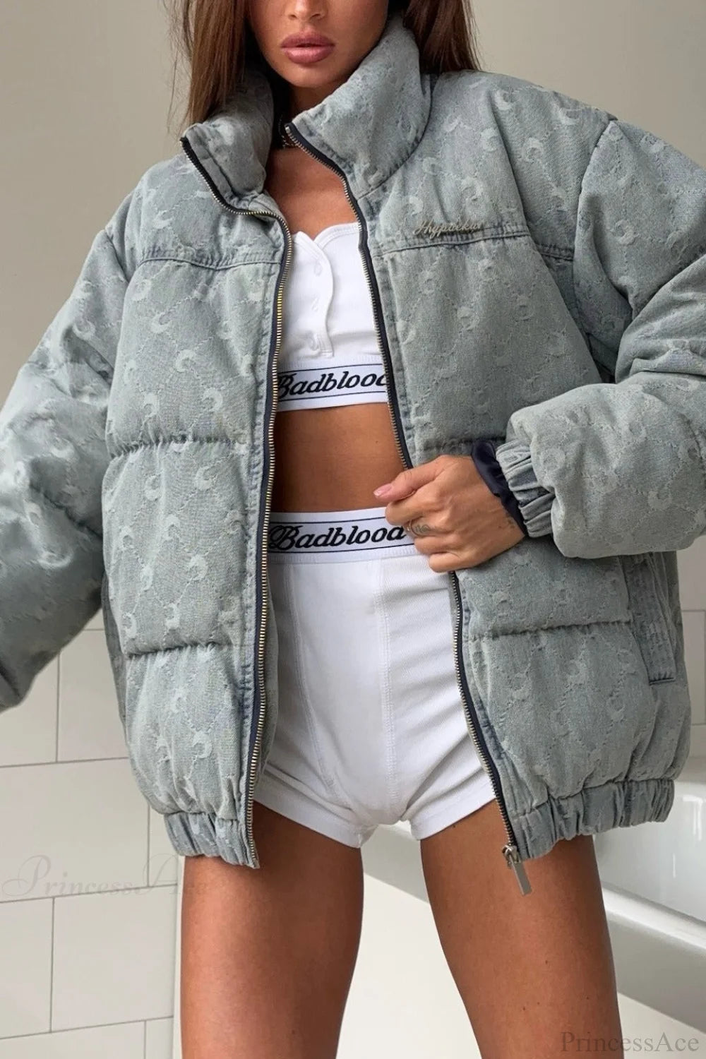 Crescent Print Allover Jacquard Relaxed Stand Collar Coat