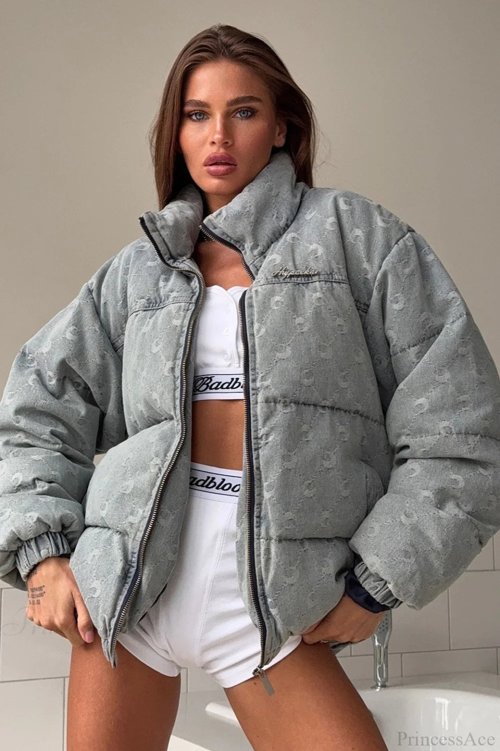 Crescent Print Allover Jacquard Relaxed Stand Collar Coat Gray / S