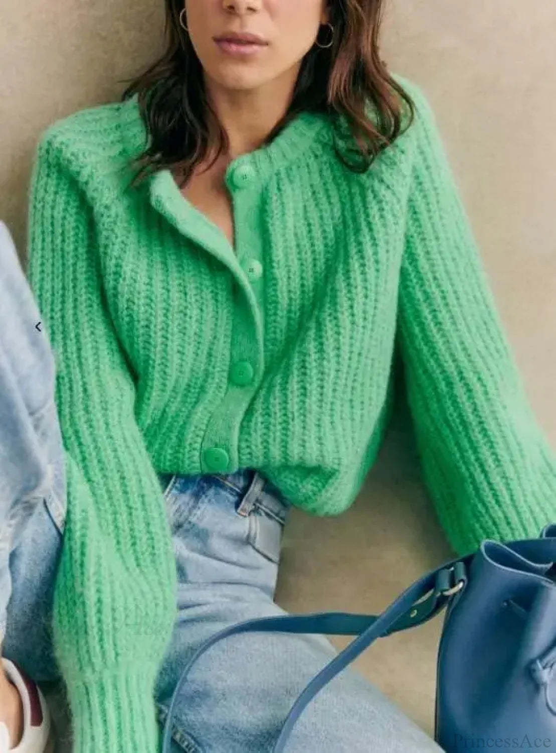 Crew Neck Button-Down Knit Cardigan green / S