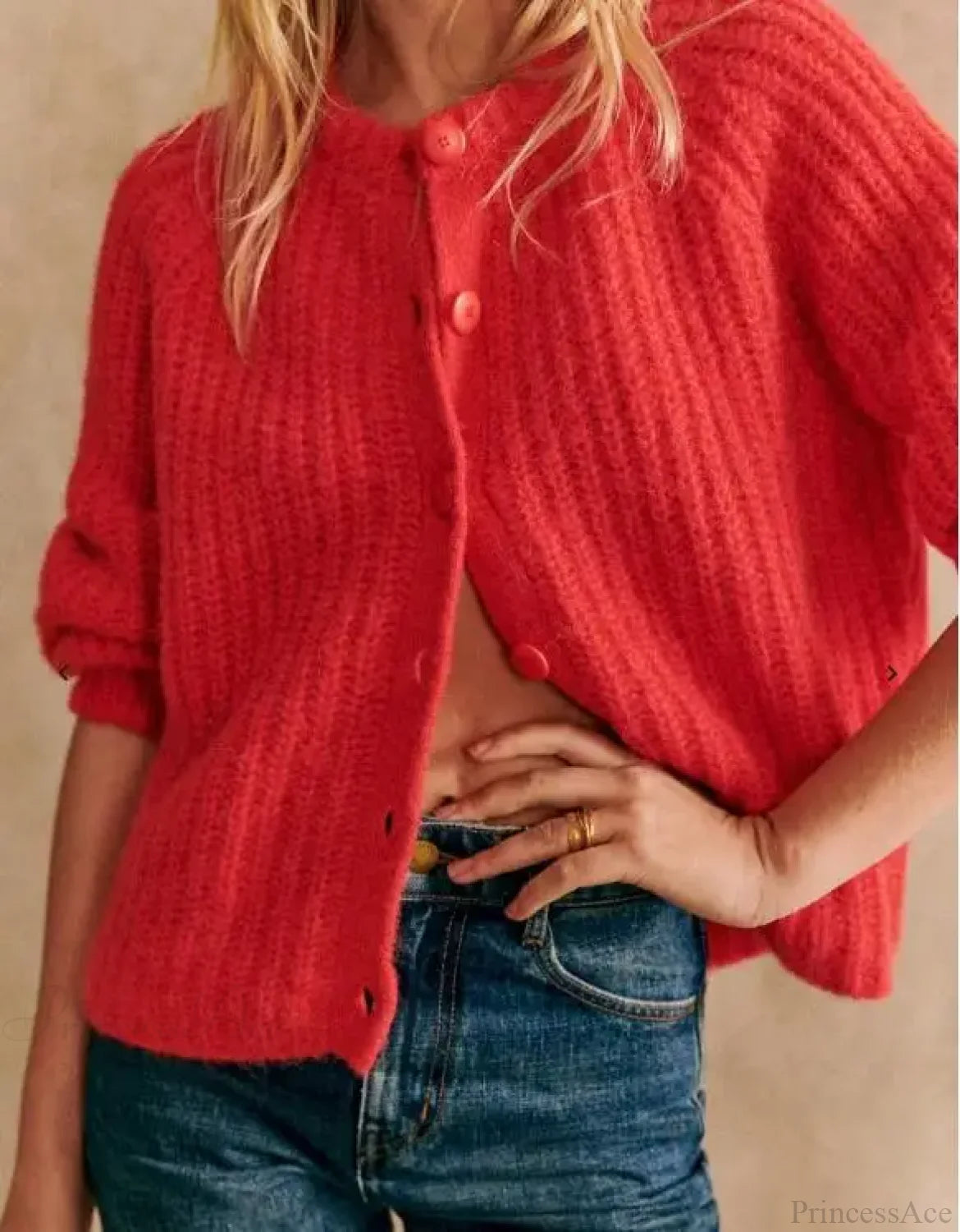 Crew Neck Button-Down Knit Cardigan red / S