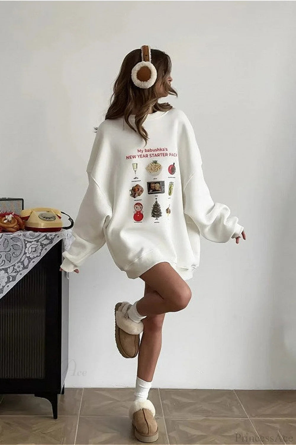 Crew Neck Cartoon Print Fleece Lined Sweatshirts