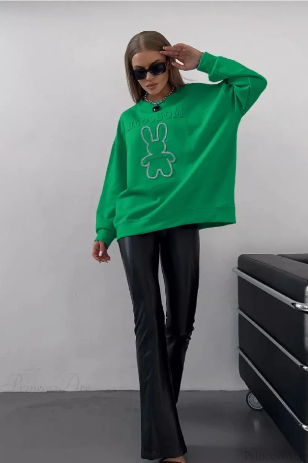 Crew Neck Chic Oversized Embossed Rabbit Sweatshirt
