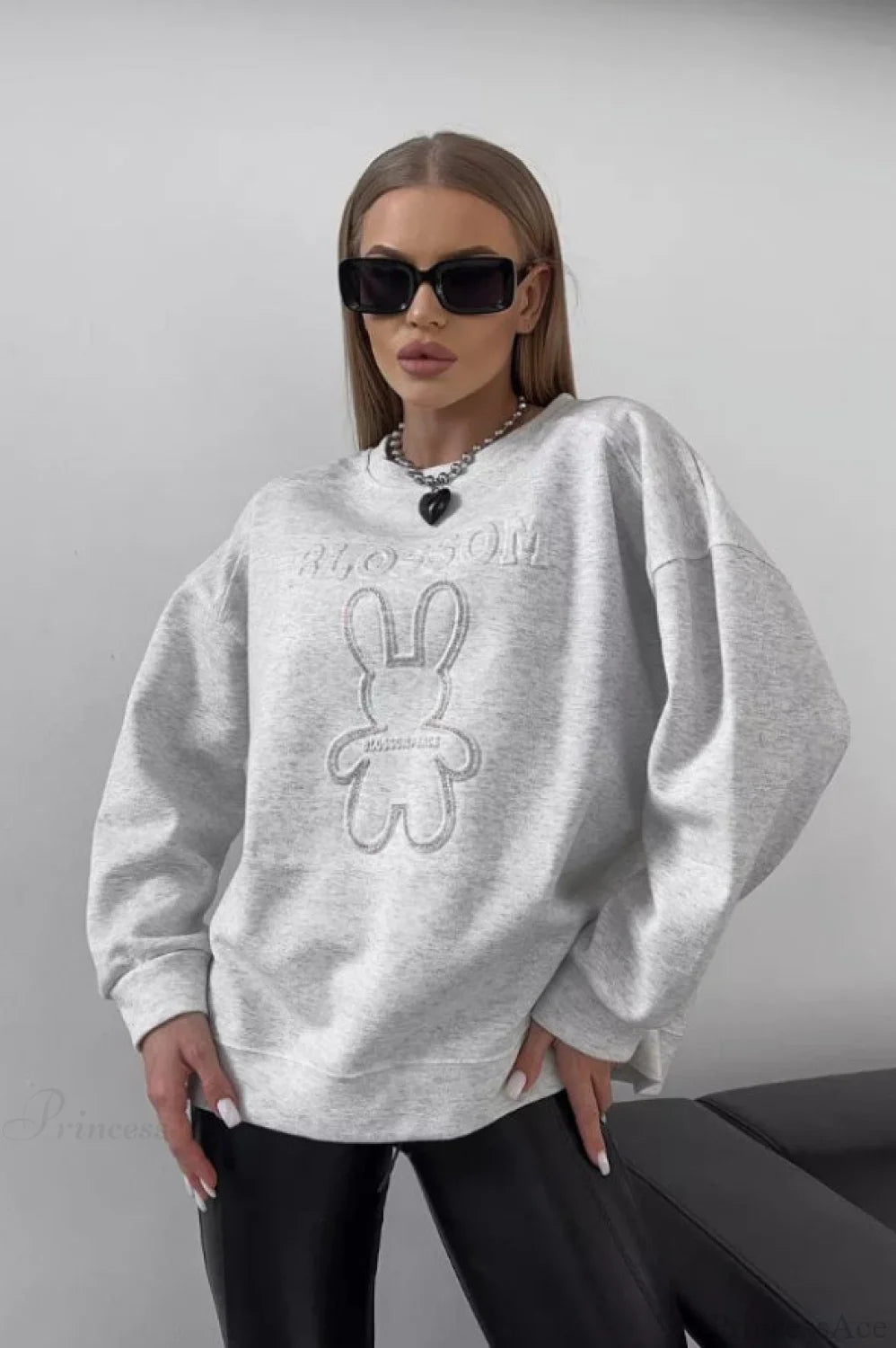 Crew Neck Chic Oversized Embossed Rabbit Sweatshirt