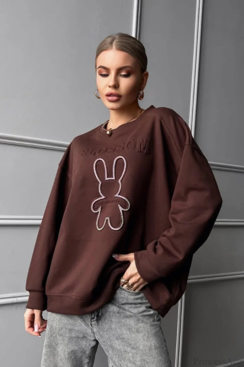 Crew Neck Chic Oversized Embossed Rabbit Sweatshirt