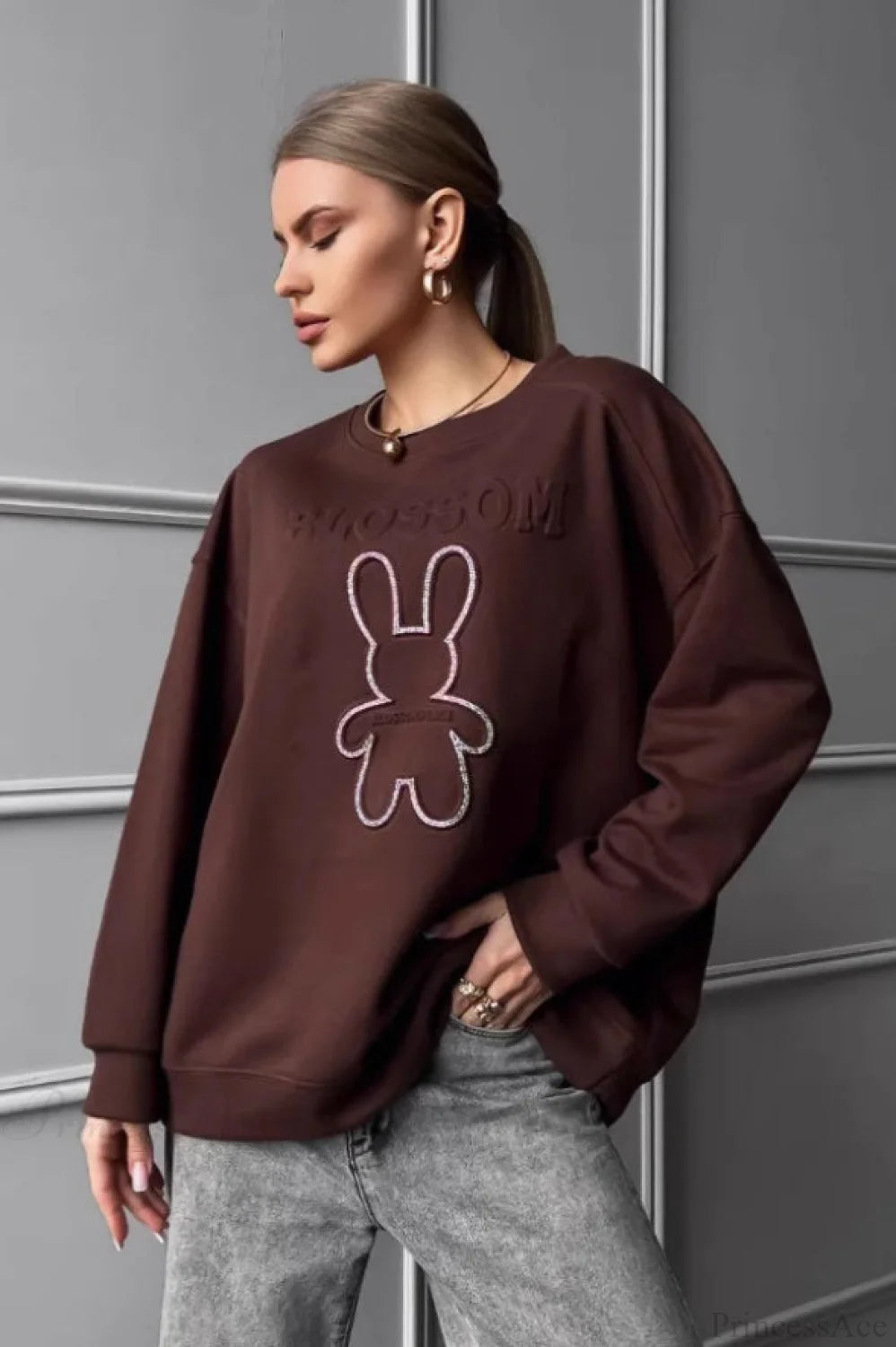 Crew Neck Chic Oversized Embossed Rabbit Sweatshirt Brown / S