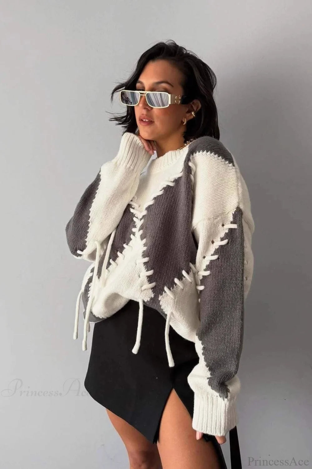 Crew Neck Long Sleeve Contrast Argyle Drawcord Sweater