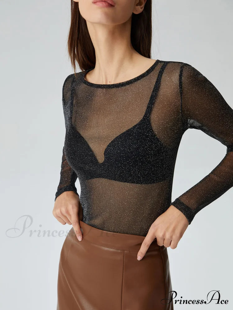 Crew Neck Sequined Trendy Long Sleeve Mesh Shirt T-Shirts