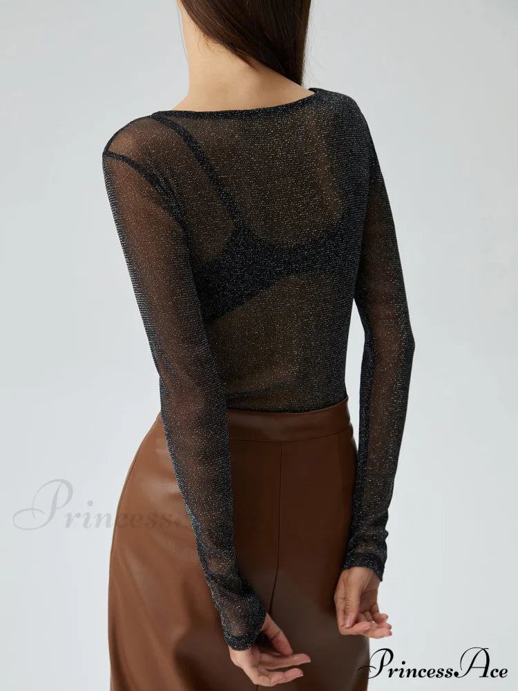 Crew Neck Sequined Trendy Long Sleeve Mesh Shirt T-Shirts