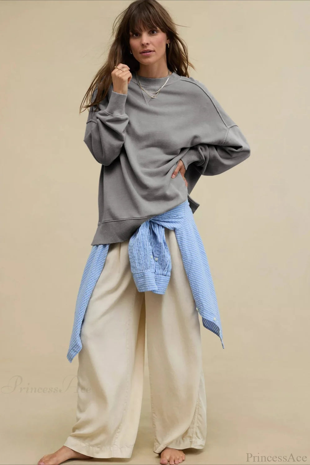 Crew Neck Solid Minimalist Relaxed Sweatshirt