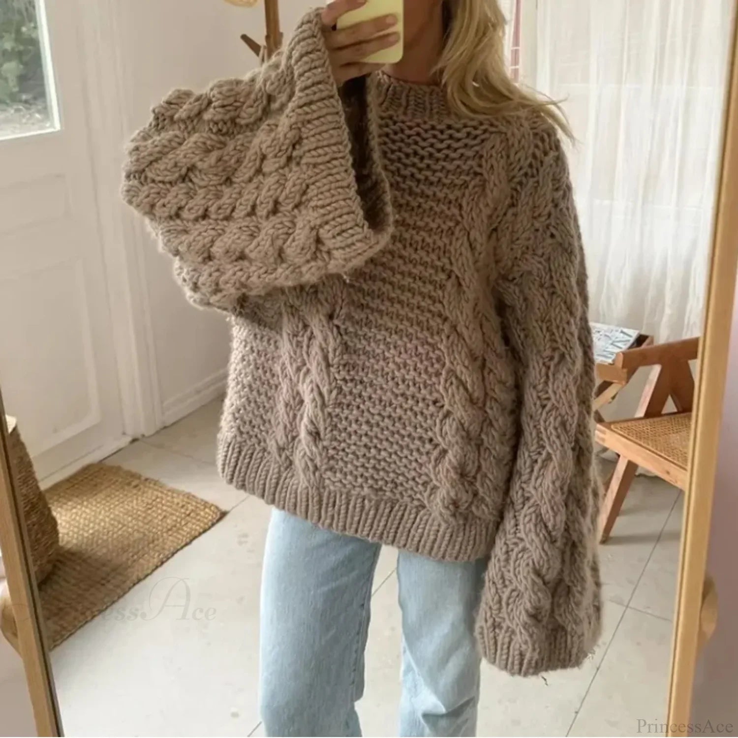 Crewneck Flared Sleeve Fuzzy Sweater Khaki / S