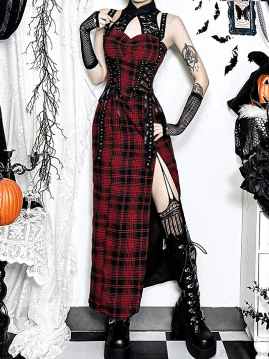 Crimson Tartan Lace Patchwork Full-Length Gown Red / XS