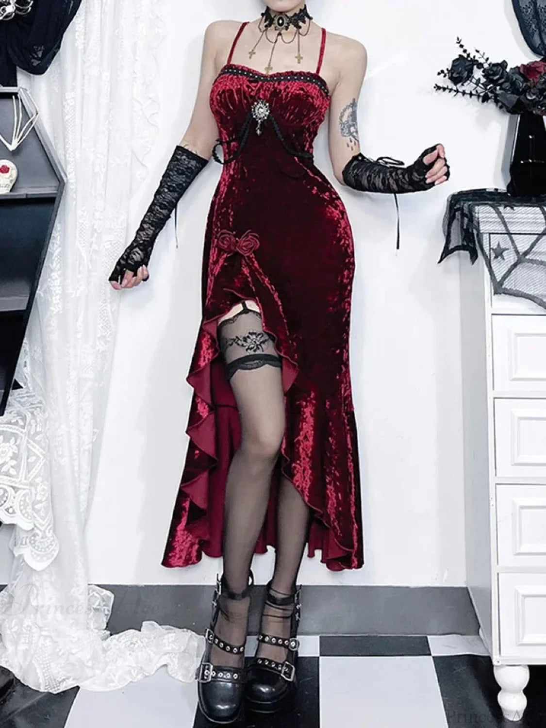 Crimson Velvet Separated Spaghetti Strap Midi Dress Red / S