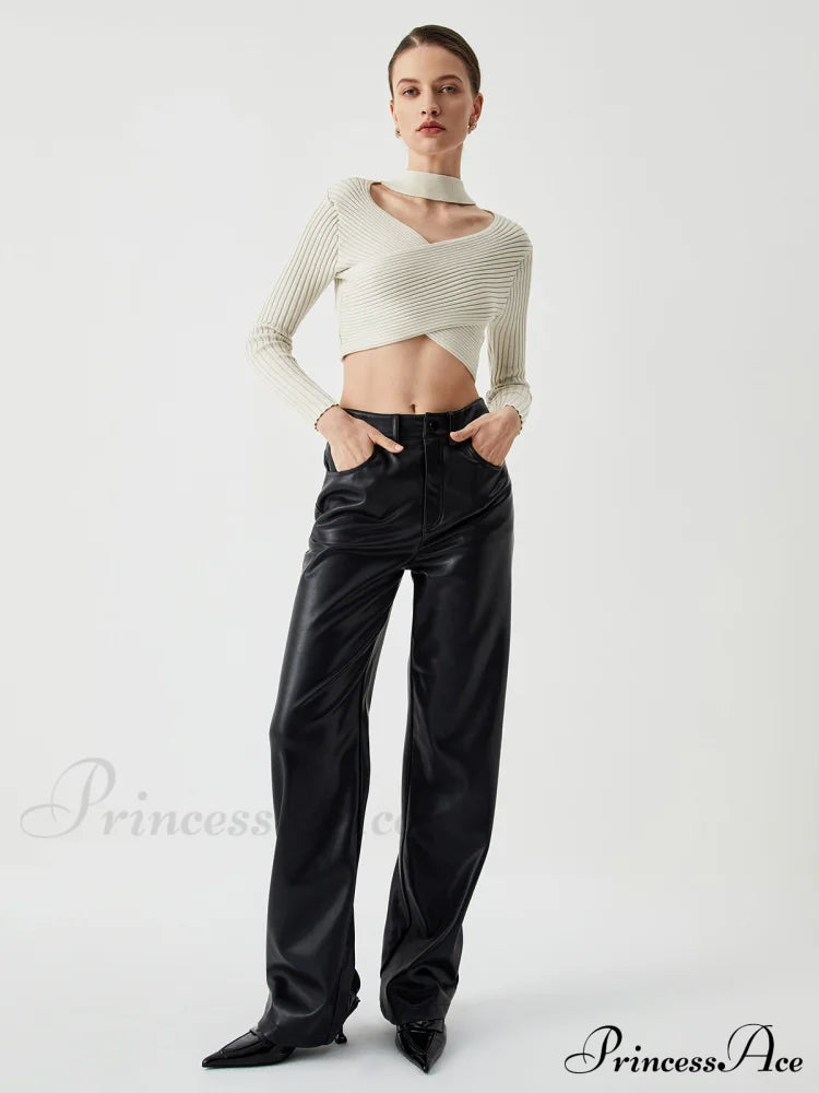 Criss Cross Knit Trendy Halter Crop Top Sweaters-L