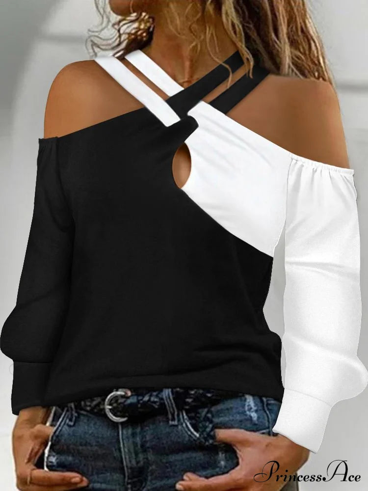 Crisscross Long Colorblock Top Arm Shoulder Patchwork Blouse Women’s Cold Clothing