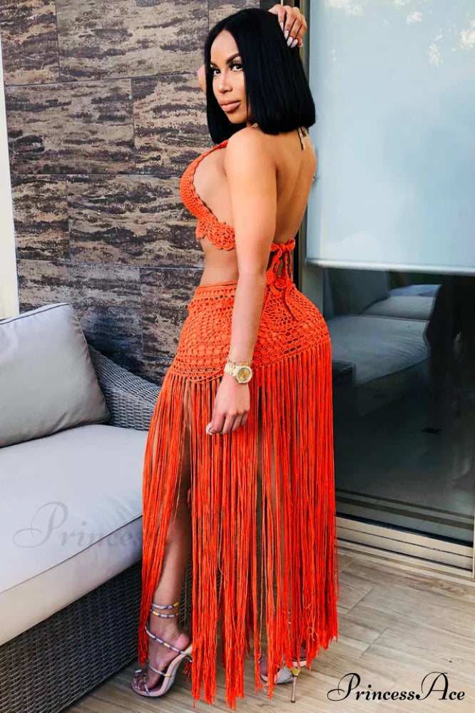 Crochet Bralette + Charming Tassel Maxi Skirt Set