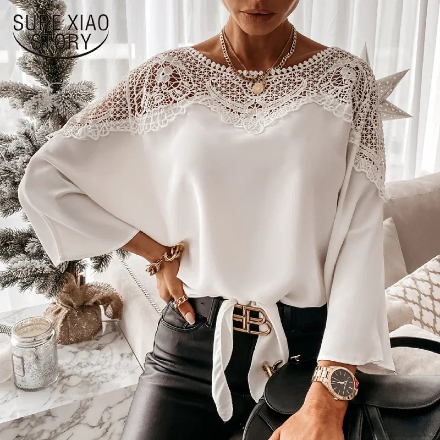 Crochet Embroidery Lace Sexy White Shirt Blouse blouse-250126