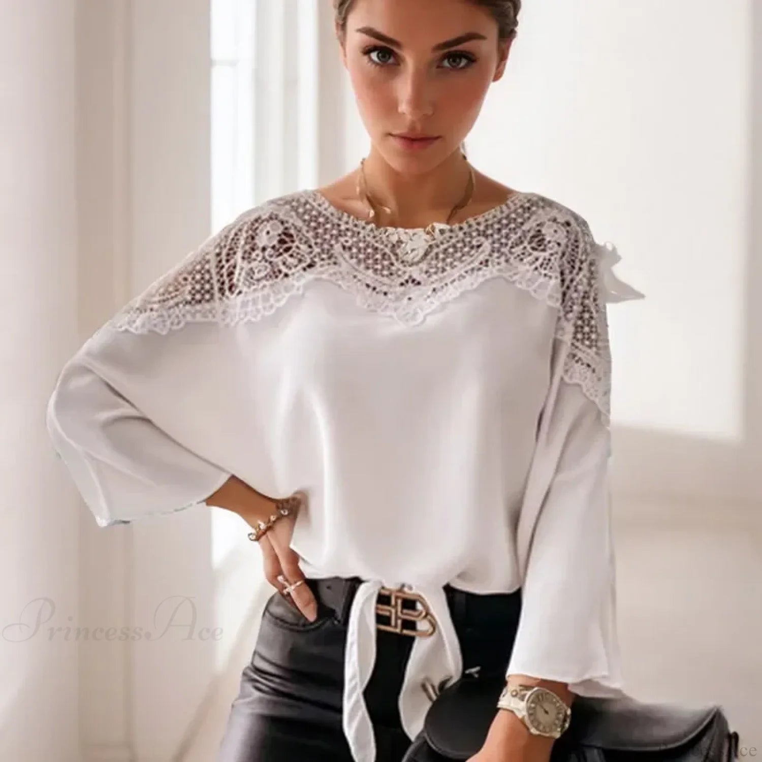 Crochet Embroidery Lace Sexy White Shirt Blouse blouse-250126