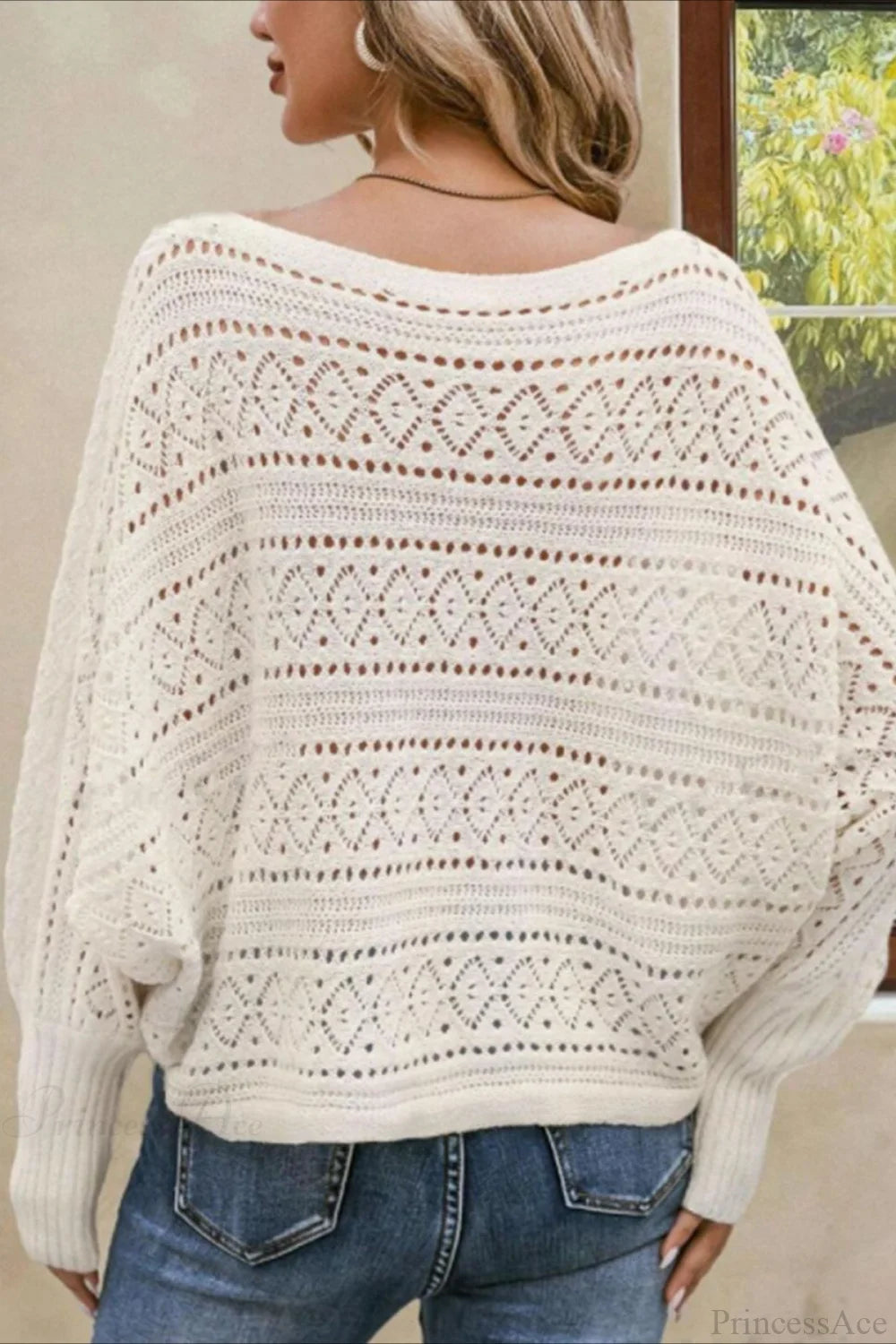 Crochet Openwork Batwing Off-the-Shoulder Pullover Blouse