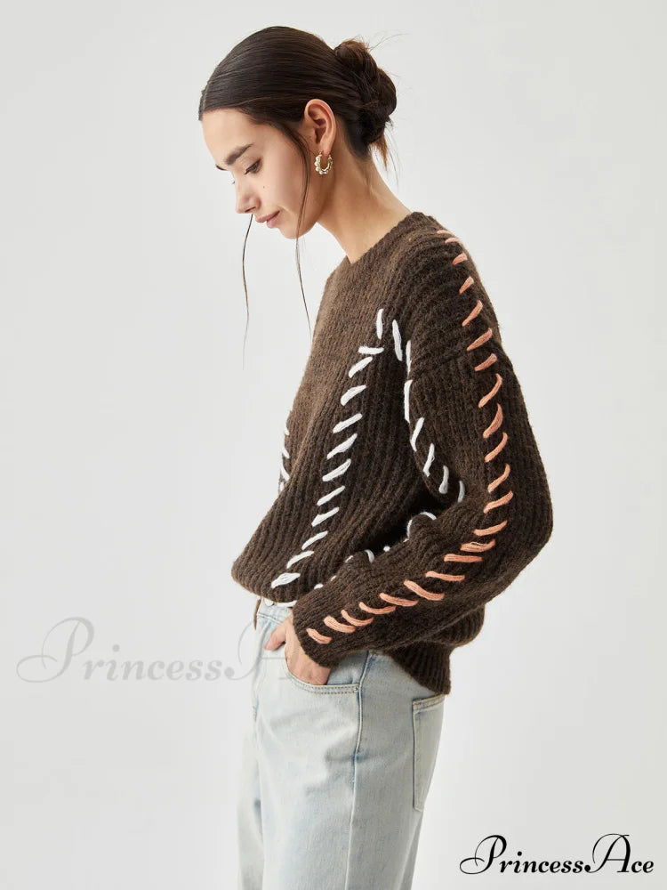 Crocheted Contrast Trim Trendy Ribbed Knit Sweater Sweaters-L
