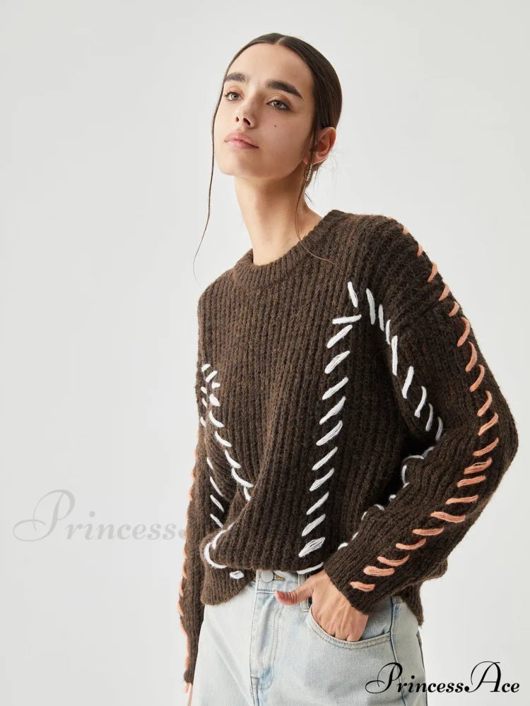 Crocheted Contrast Trim Trendy Ribbed Knit Sweater Sweaters-L