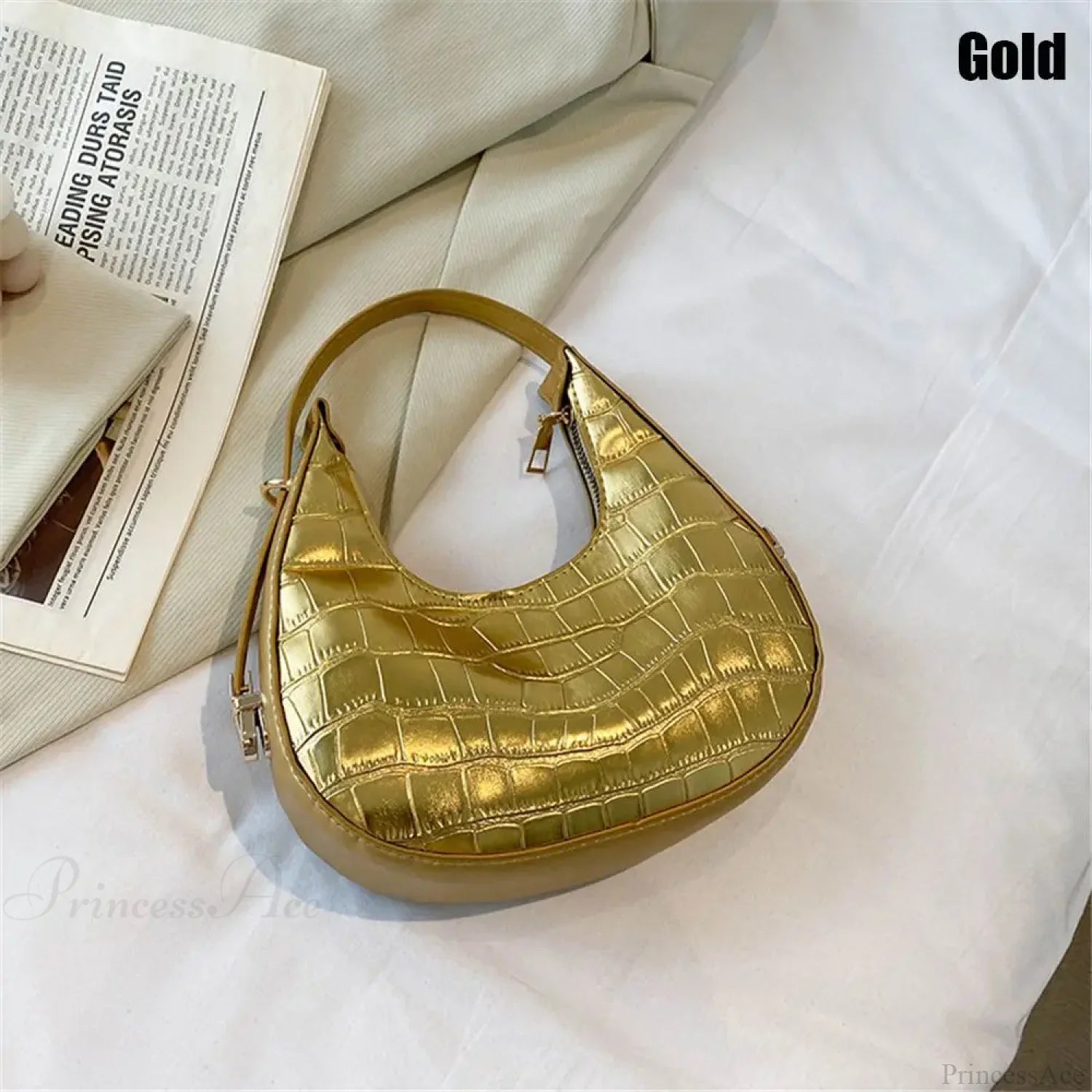 Crocodile Grain Simple PU Leather Shoulder Handbag Gold handbag-250126