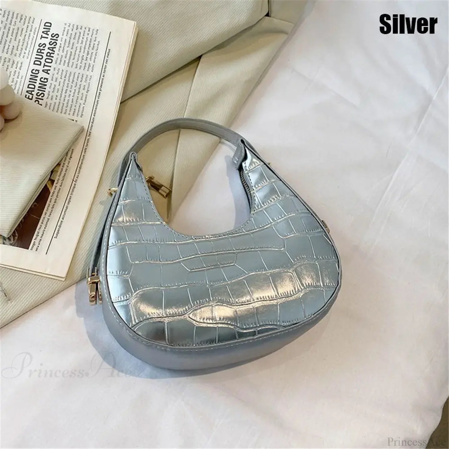 Crocodile Grain Simple PU Leather Shoulder Handbag silver handbag-250126