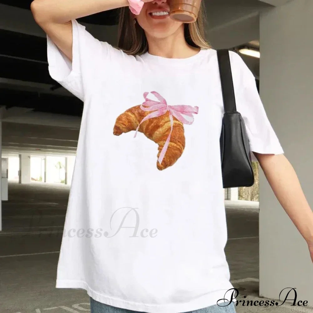 Croissant Pink Stylish Ribbon Graphic Tee Print Cotton T-Shirts