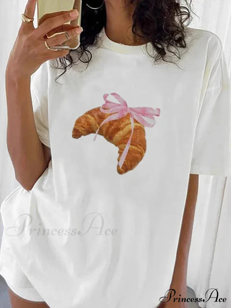 Croissant Pink Stylish Ribbon Graphic Tee Print Cotton T-Shirts