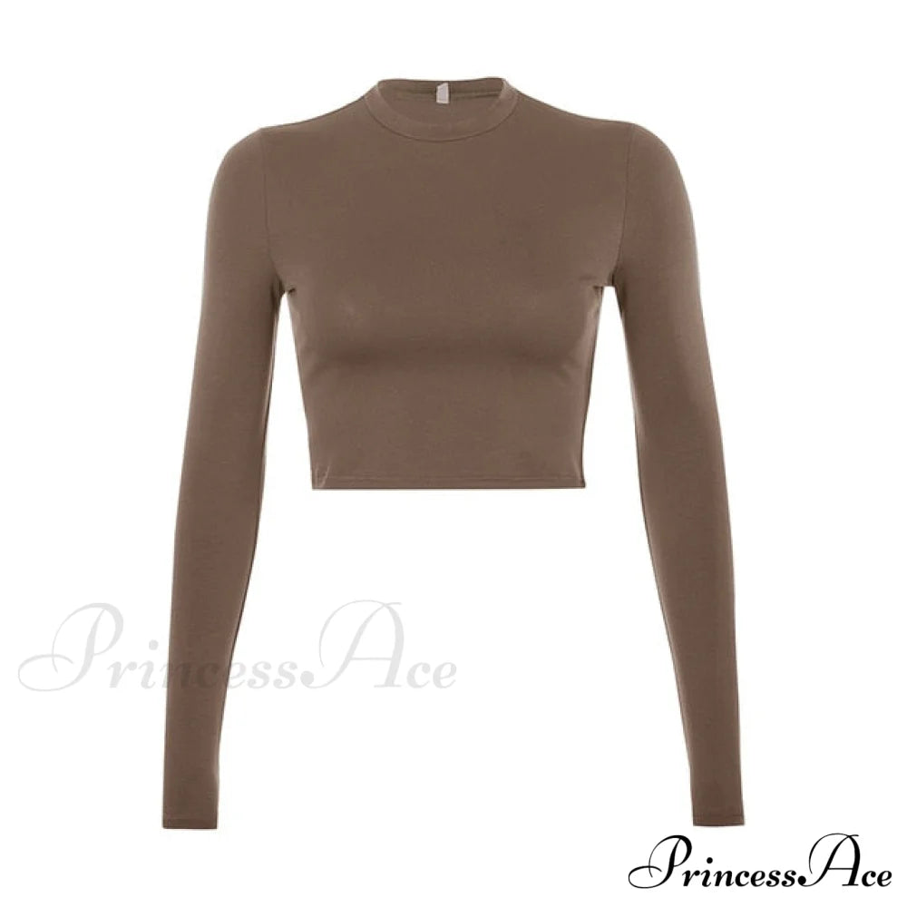 Crop Korean Arm Casual Long Fashion Basic Tee Black T-Shirt Women’s White Top Shirt Brown / S