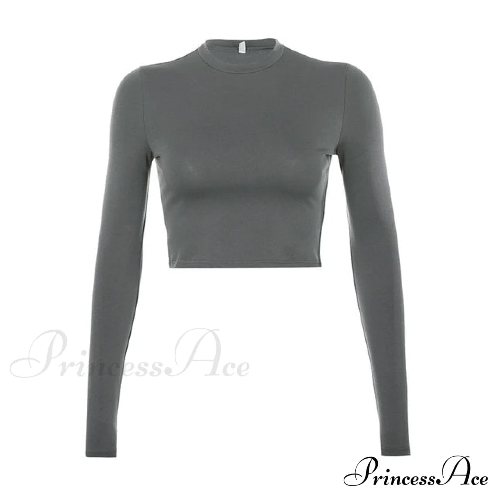 Crop Korean Arm Casual Long Fashion Basic Tee Black T-Shirt Women’s White Top Shirt Dark Grey / L