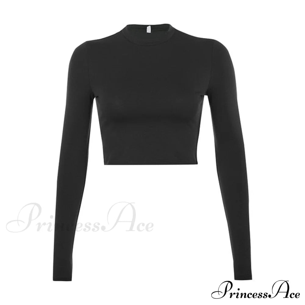 Crop Korean Arm Casual Long Fashion Basic Tee Black T-Shirt Women’s White Top Shirt / S