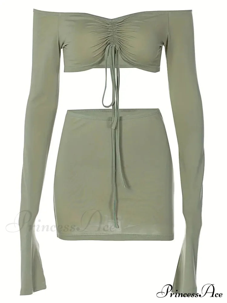 Crop Top And Bodycon Skirt Set With Drawstring Ruched Detail S / Green Outfits