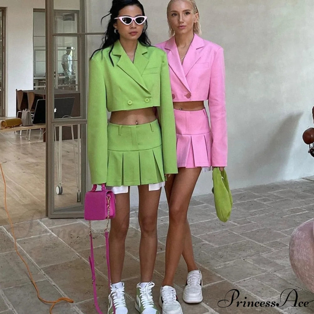 Cropped Blazer And Charming Pleated Mini Skirt Set