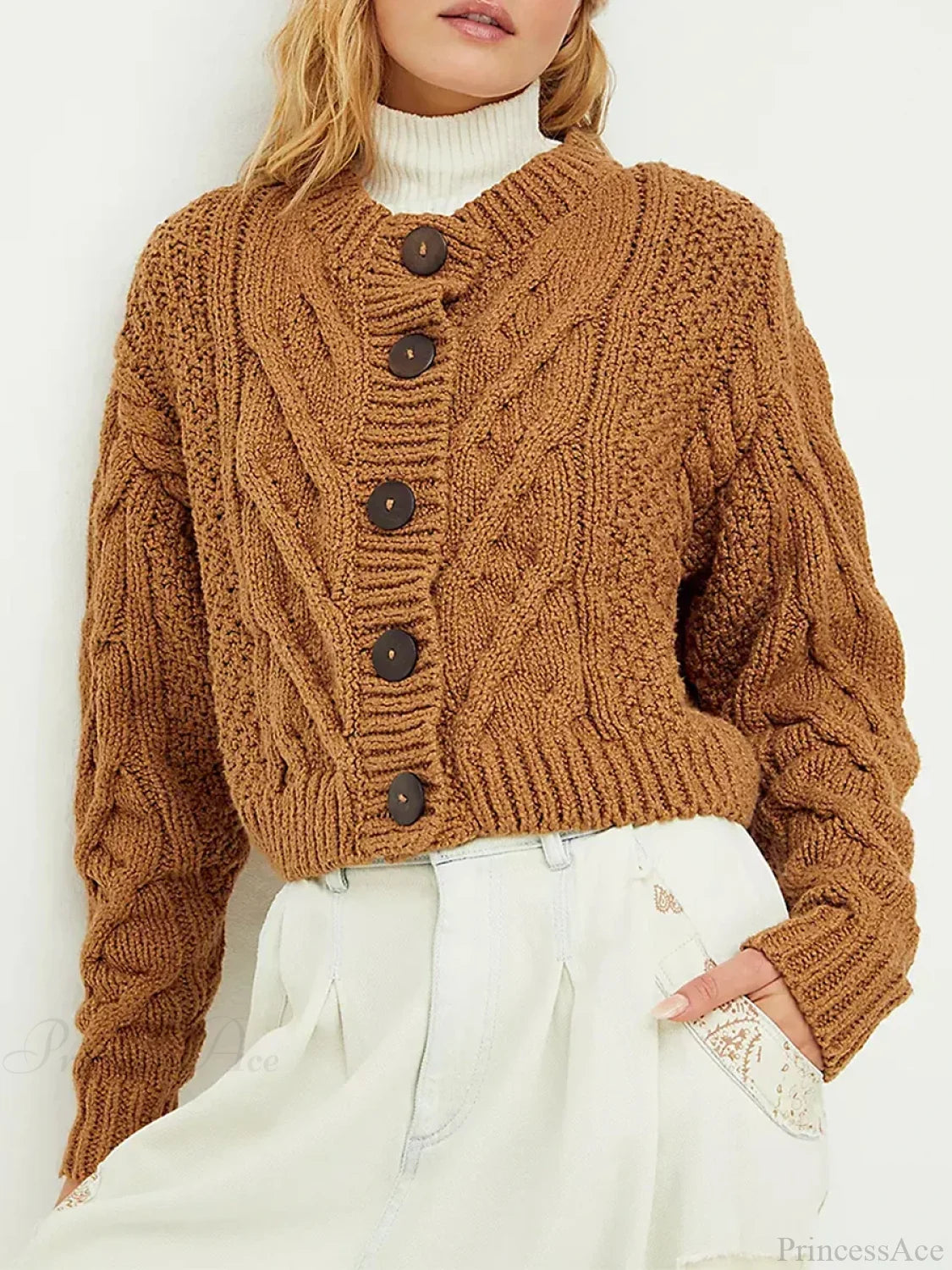 Cropped Cable Knit Button-Down Cardigan coffee / S