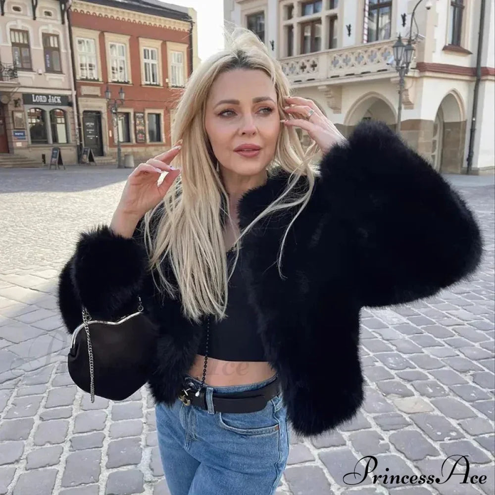 Cropped Faux Stylish Fur Coat Coats-L